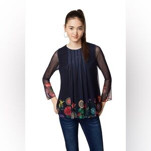 Desigual “Rachel” Mesh Floral Long Sleeve Blouse – Dark Blue – Size L
